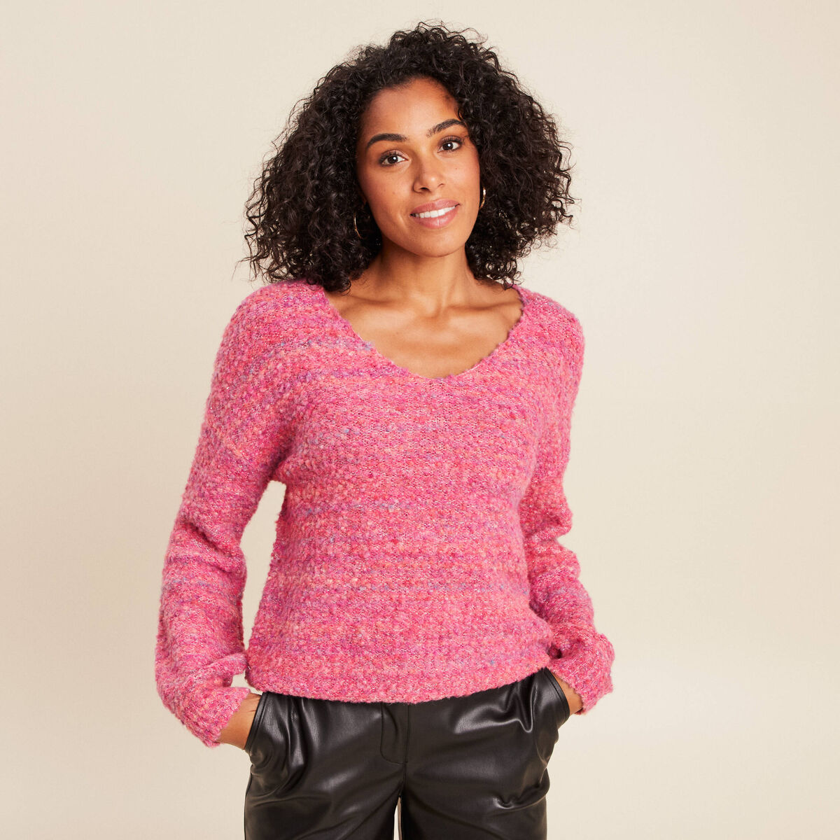 Pull col v manches longues rose fushia femme