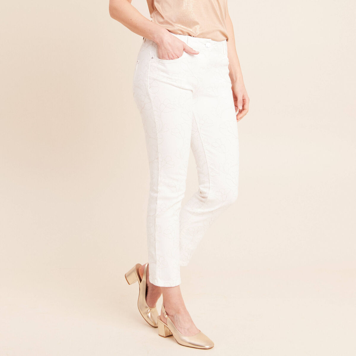 Jean coupe droite 7/8&egrave;me taille bascul&eacute;e blanc femme