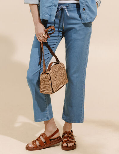 Jogging large 7/8&egrave;me en maille denim bleach femme