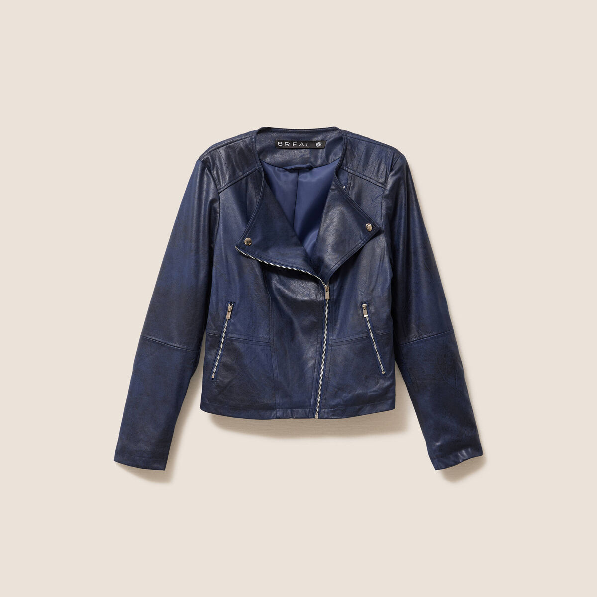Veste droite zipp&eacute;e bleu fonc&eacute; femme