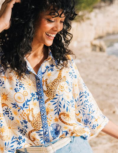 Chemise manches 3/4 bleu femme