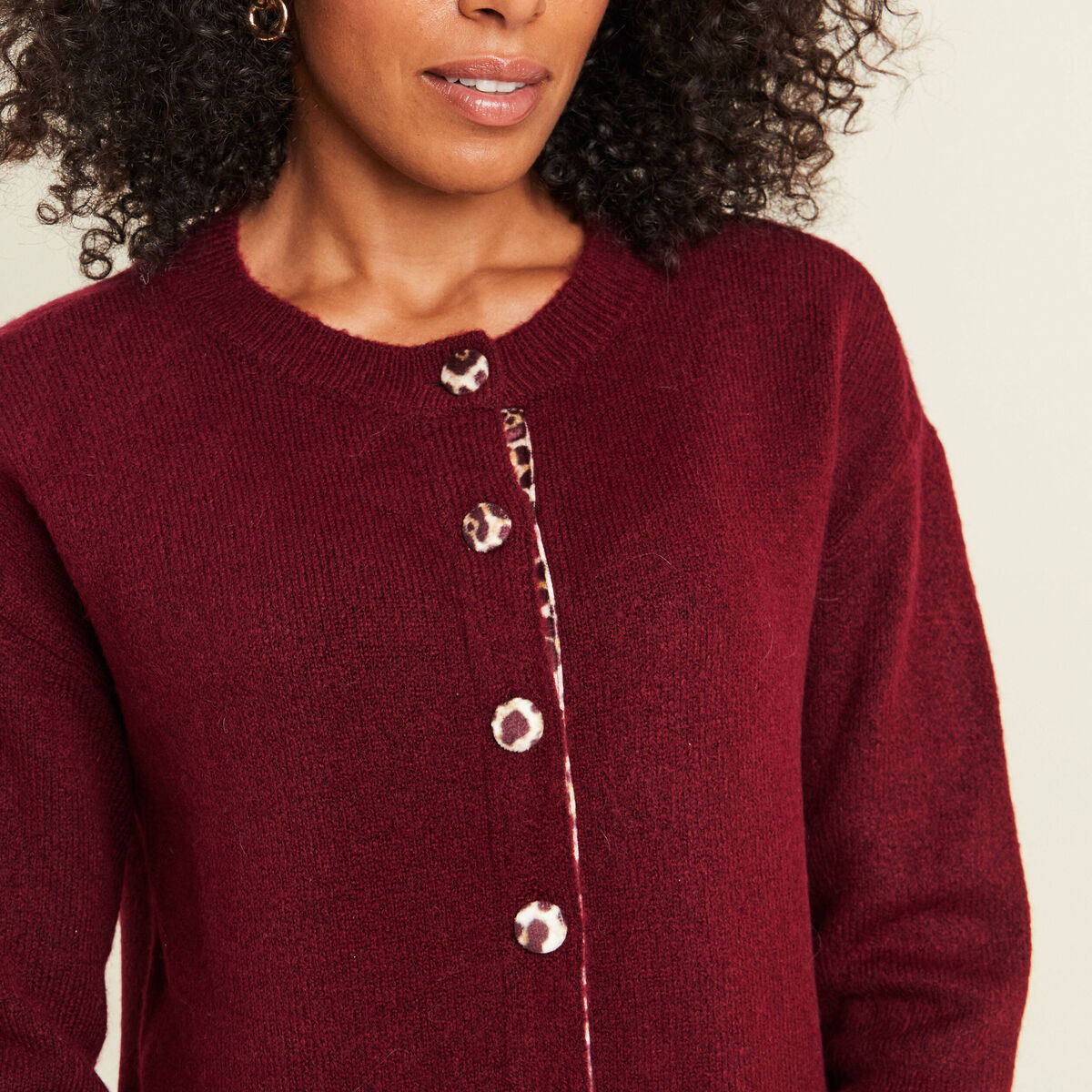 Gilet droit mi-long col rond bordeaux femme