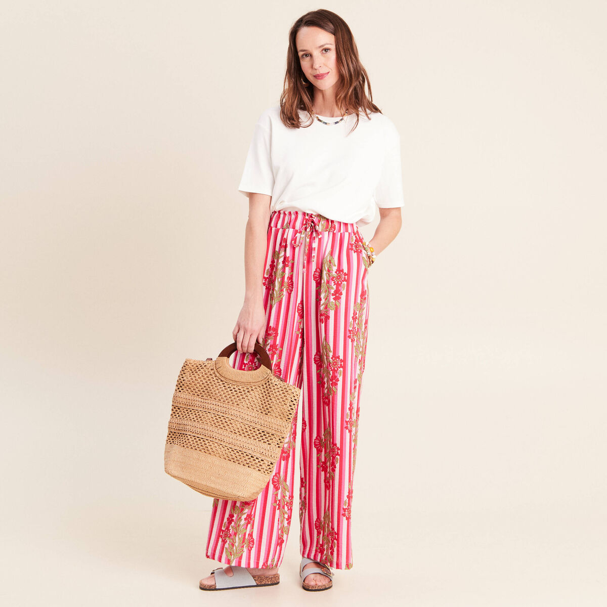 Pantalon large taille haute rose femme
