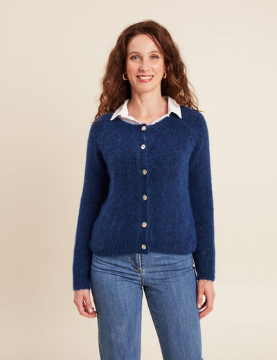 Gilet droit mi-long col rond bleu marine femme