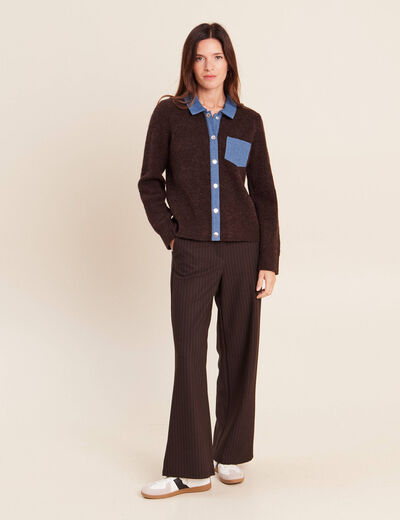 Gilet col chemise manches longues marron fonc&eacute; femme