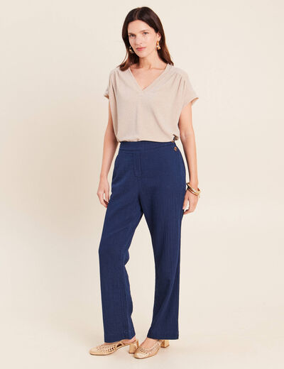Pantalon large 7/8&egrave;me taille haute bleu roi femme