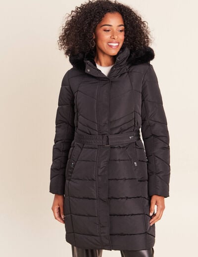 Doudoune cintr&eacute;e &agrave; capuche doubl&eacute;e noir femme
