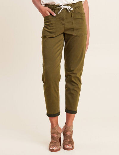 Pantalon coupe droite à coulisse vert olive femme