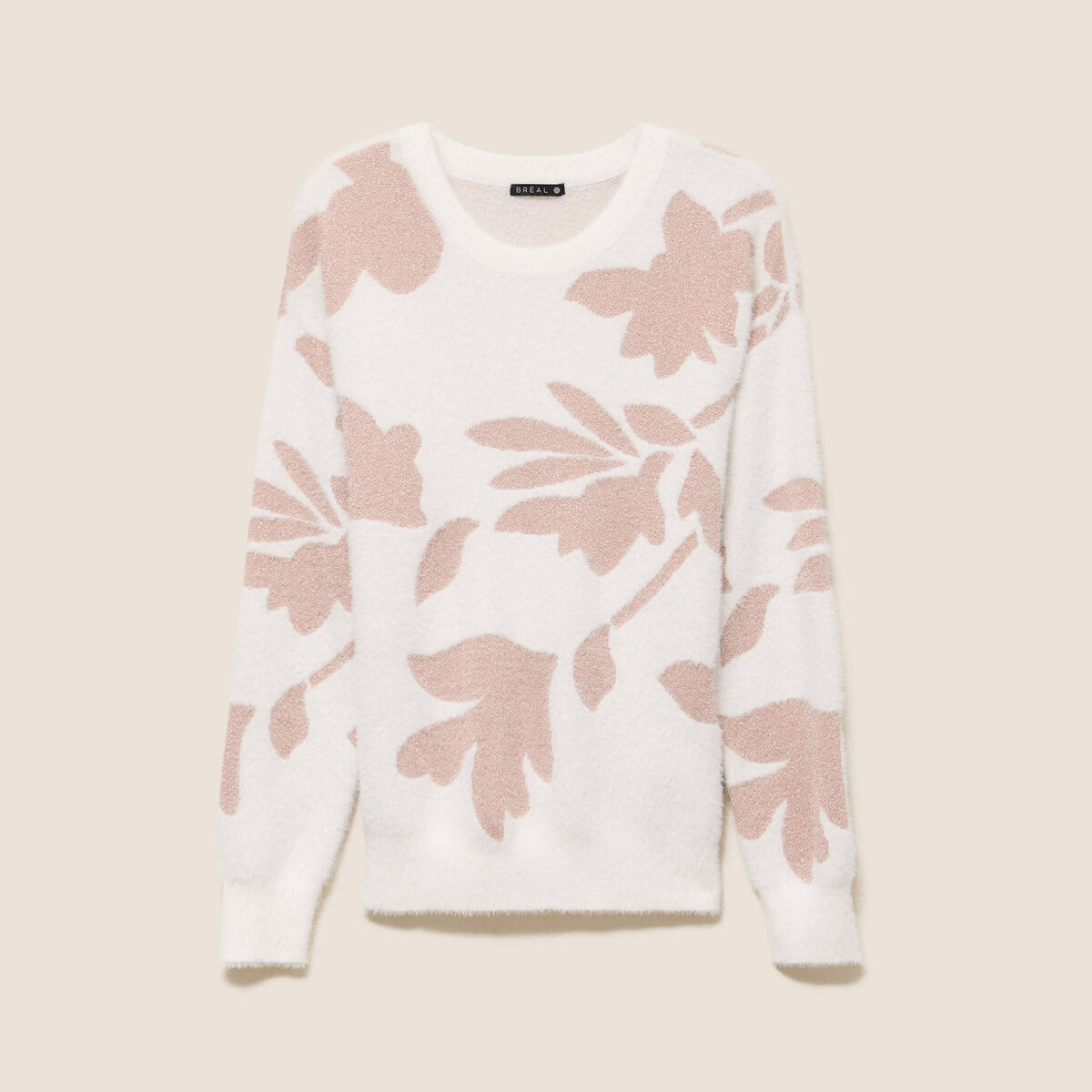 Pull col rond manches longues beige femme
