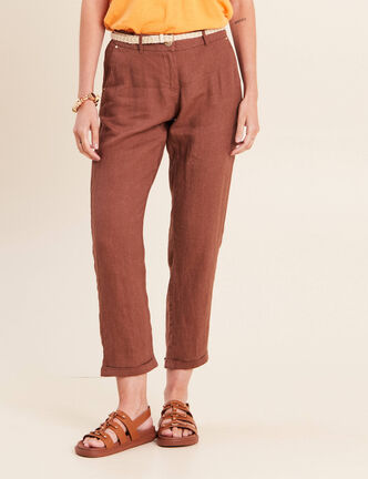 Pantalon coupe chino en lin ceintur&eacute; marron fonc&eacute; femme