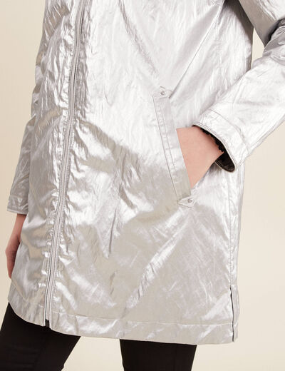 Parka métallisée à capuche gris argent femme