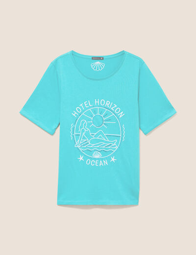 T-shirt col rond manches courtes brod&eacute; vert turquoise femme