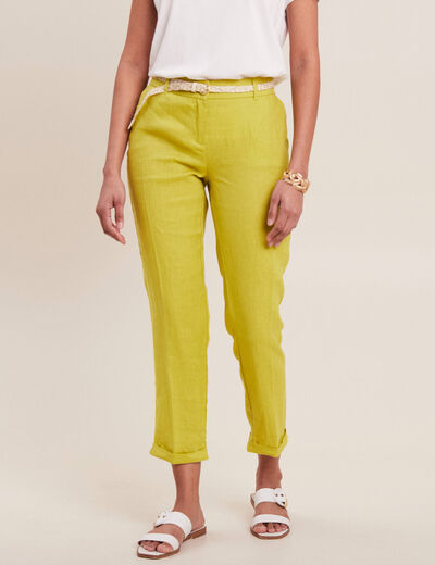 Pantalon coupe chino en lin ceintur&eacute; vert anis femme