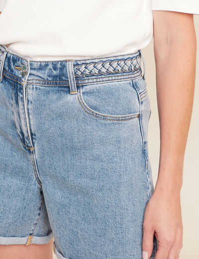 Short large taille haute en jean denim double stone femme