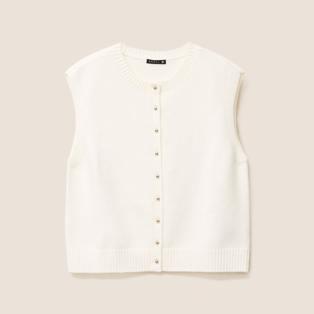 gilet droit court sans manches col rond ecru femme
