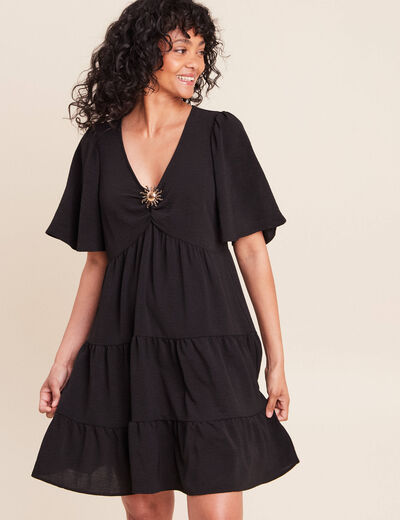 Robe courte &eacute;vas&eacute;e col v manches courtes noir femme