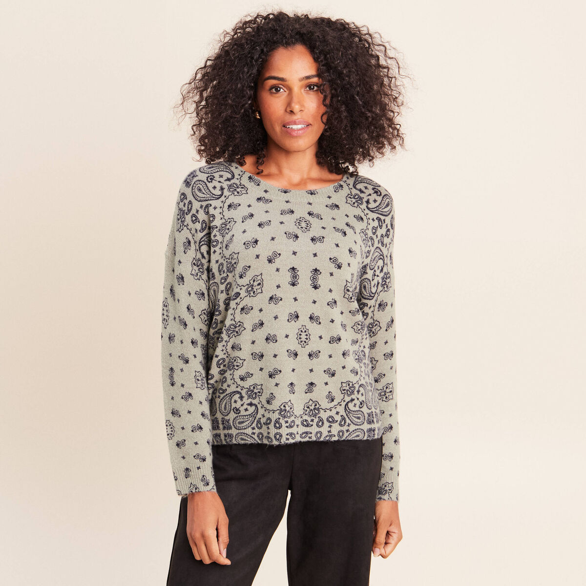 Pull col rond vert femme