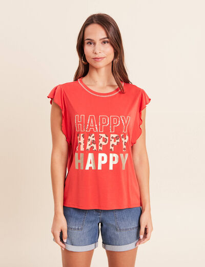 T-shirt manches courtes &agrave; volants orange fonc&eacute; femme