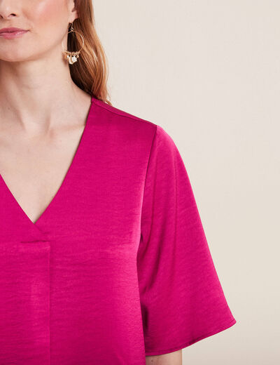 Blouse manches 3/4 satin rose fushia femme