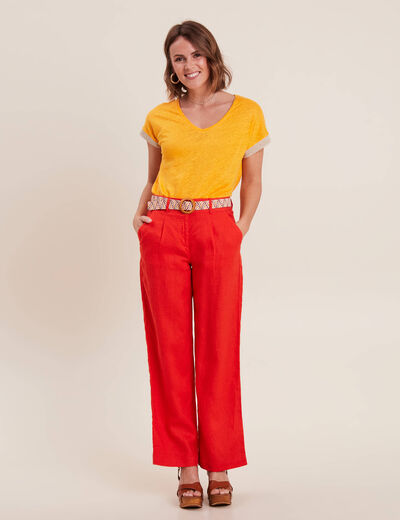 Pantalon large ceinturé orange femme