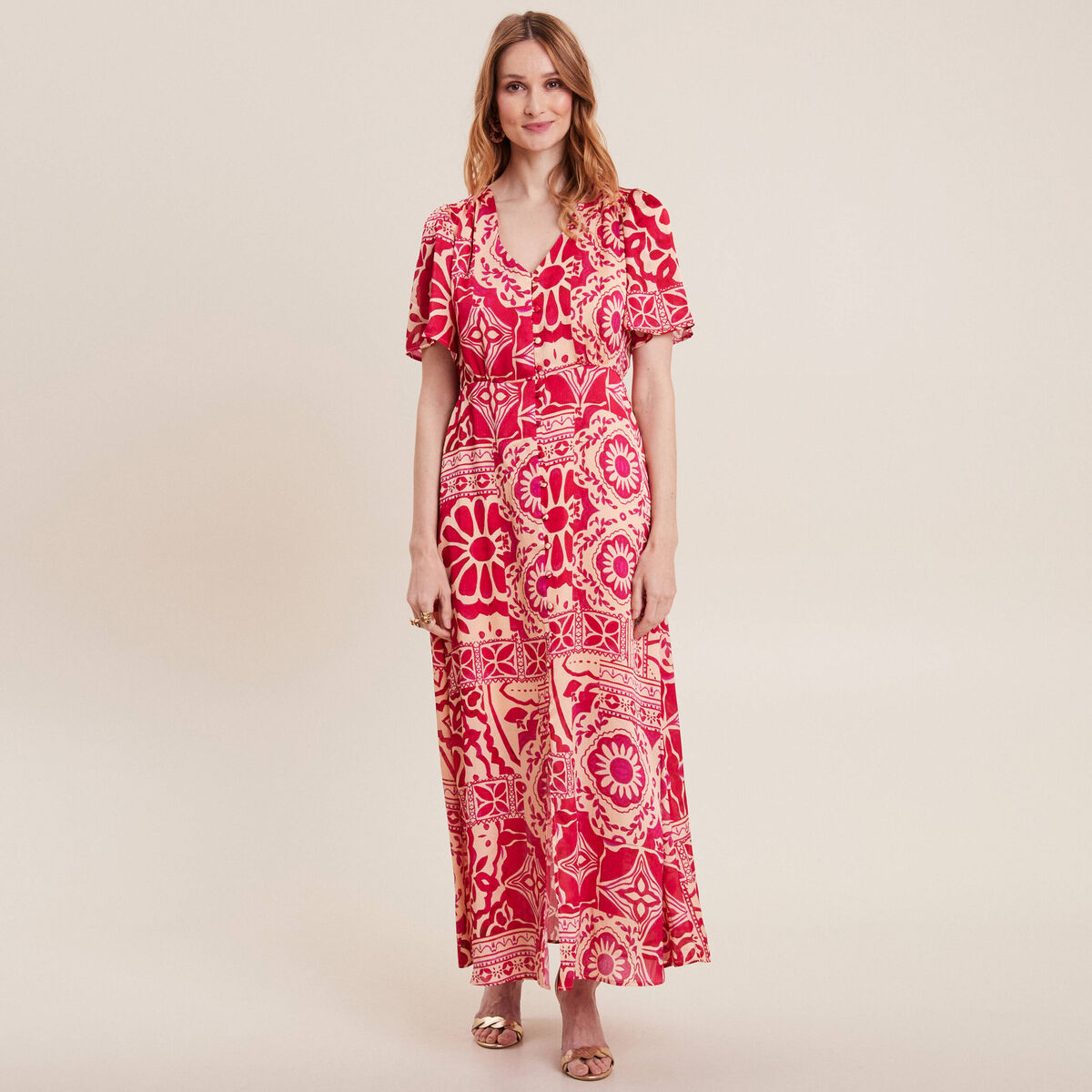 Robe longue évasée satin rose fushia femme