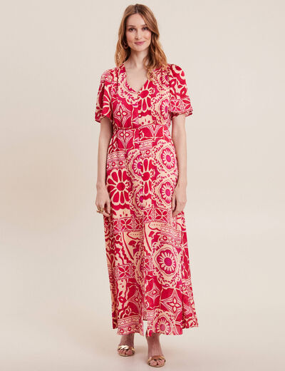 Robe longue évasée satin rose fushia femme