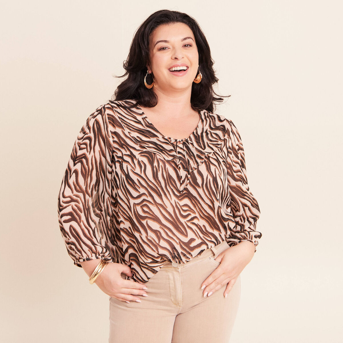 Blouse ample col v en voile manches 3/4 noir femme