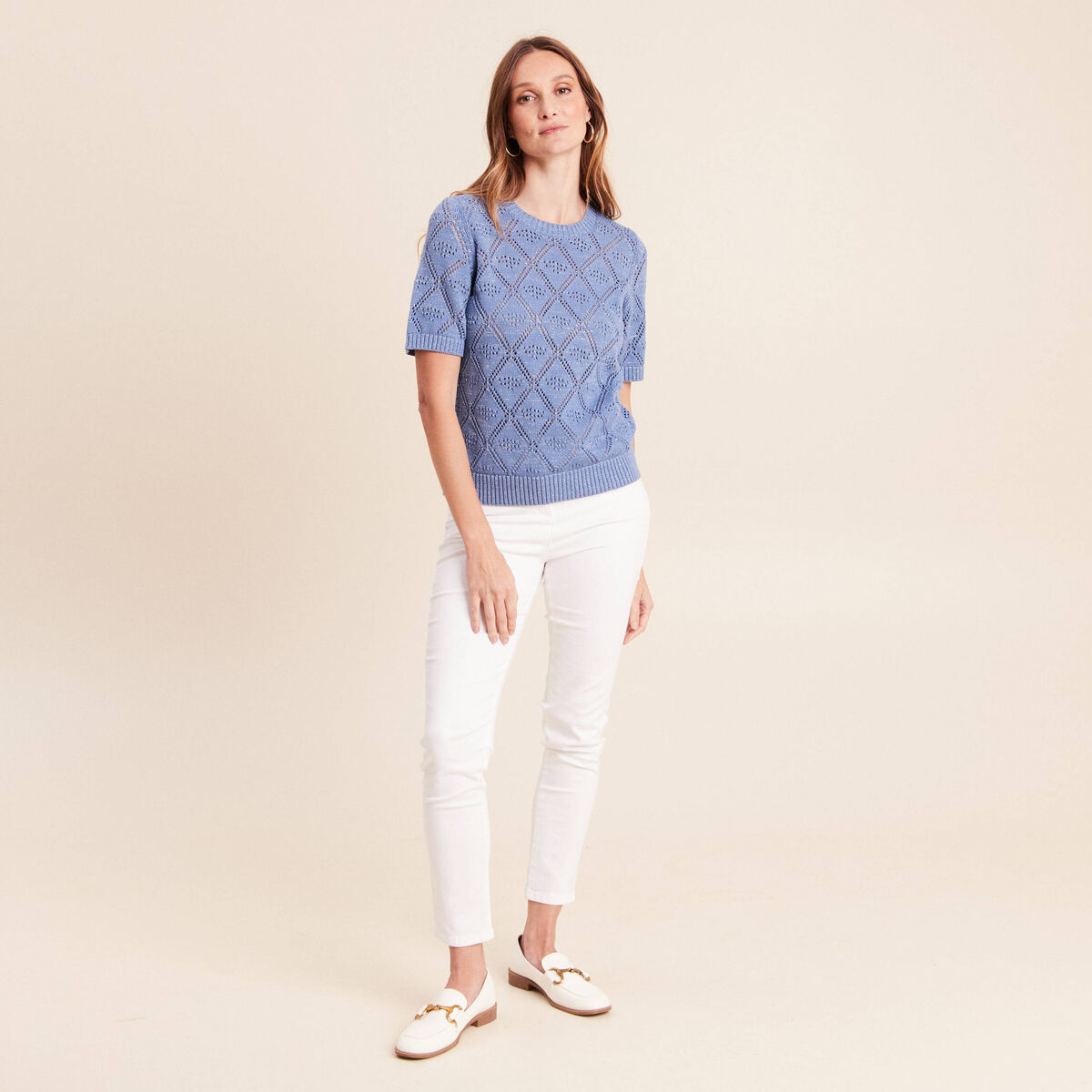 Pull droit court manches courtes bleu ciel femme