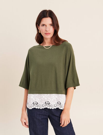 Pull bi-mati&egrave;re col bateau vert kaki femme