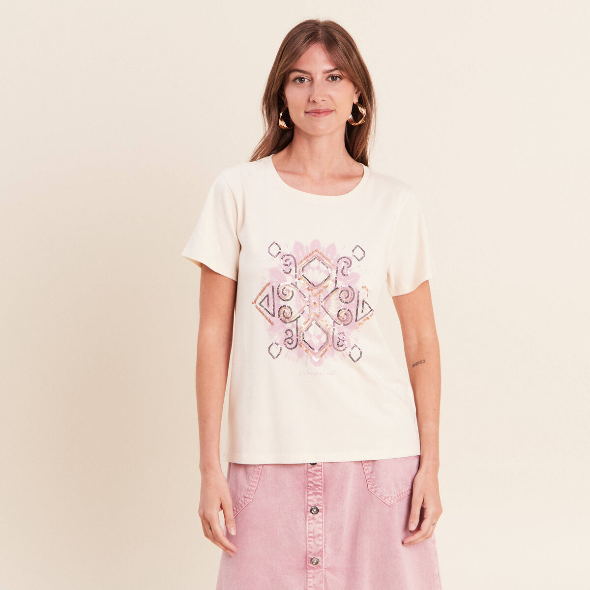 T-shirt col rond manches courtes ecru femme