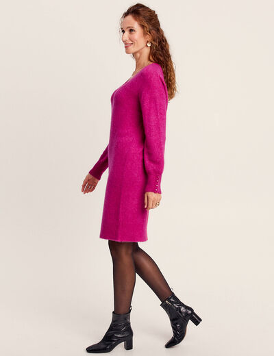 Robe pull droite col en V rose fushia femme