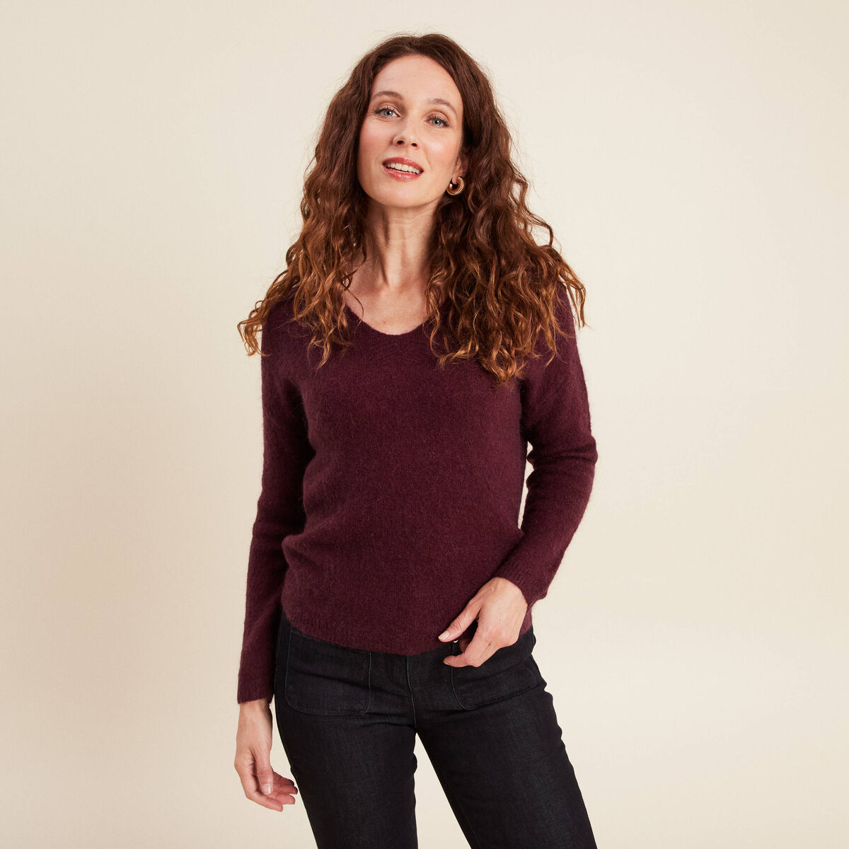 Pull col v bordeaux femme