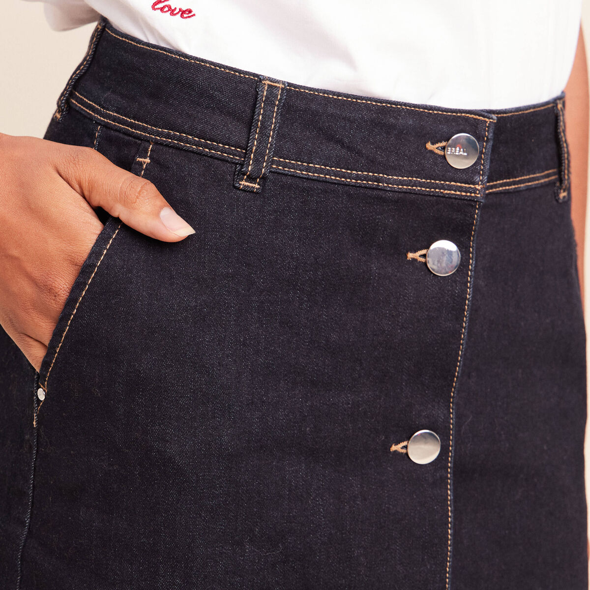 Jupe courte trap&egrave;ze en jean denim brut femme