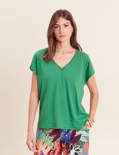 T-shirt col v manches courtes aspect lin vert femme