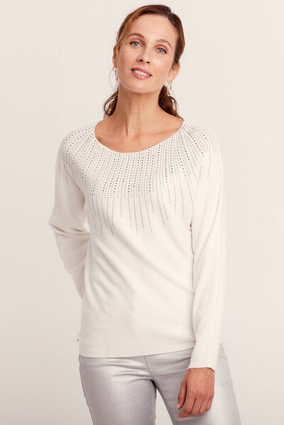 Pull manches longues strass ecru femme