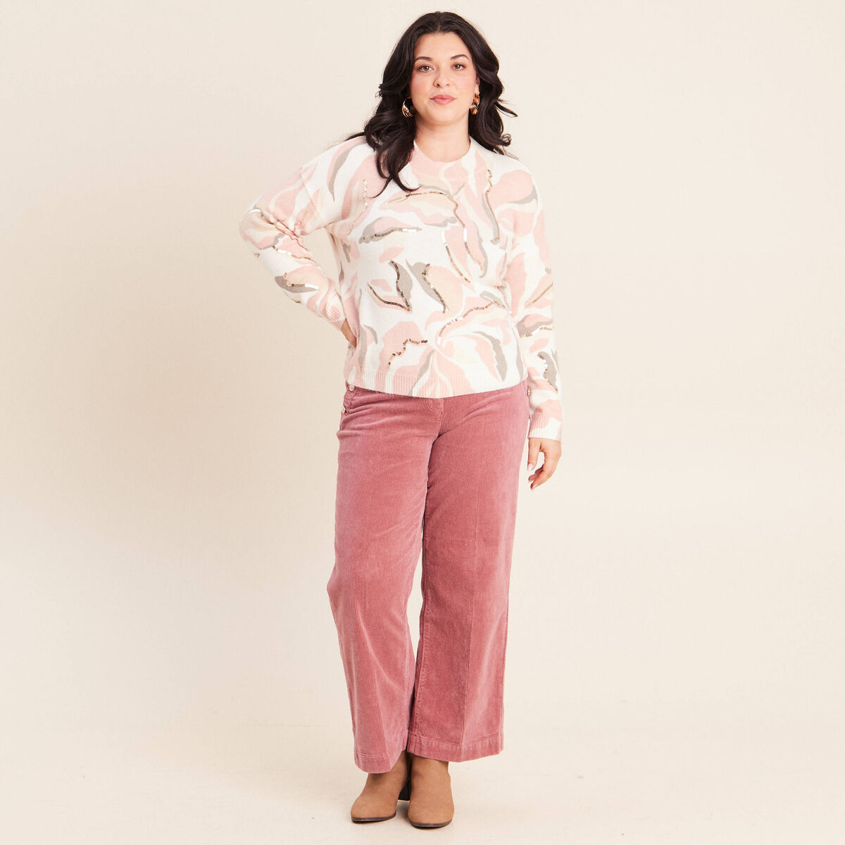 Pull col rond &agrave; sequins rose femme