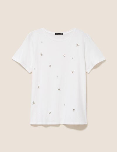 T-shirt d&eacute;tails bijout&eacute;s blanc femme