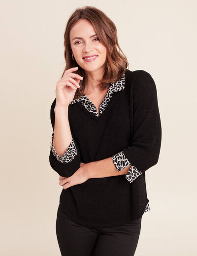T-shirt col chemise manches 3/4 noir femme