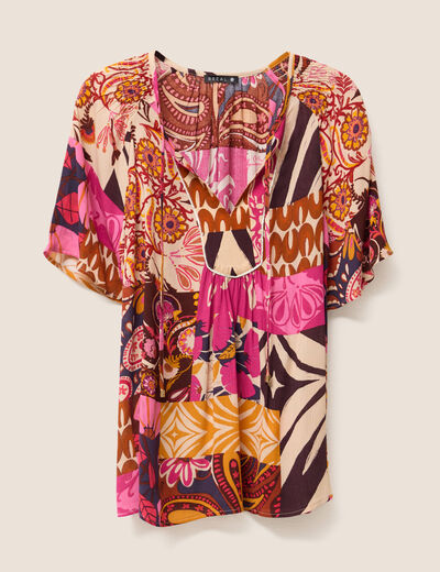 blouse ample crêpe col tunisien rose femme