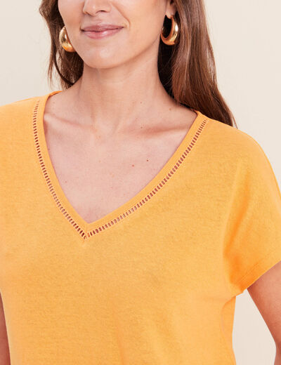 T-shirt col v manches courtes aspect lin orange clair femme