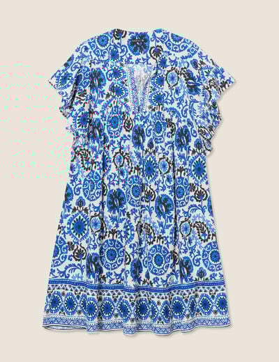 Robe évasée col tunisien bleu femme