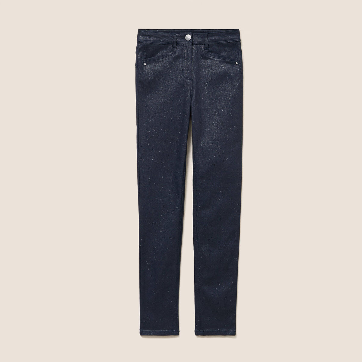 Pantalon iris&eacute; en similicuir bleu fonc&eacute; femme