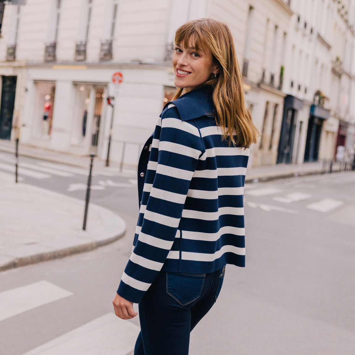 Veste r&eacute;versible en maille bleu femme