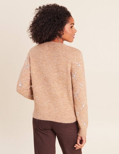 Pull col rond &agrave; sequins marron clair femme
