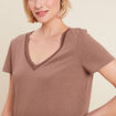 T-shirt manches courtes col en V marron cognac femme