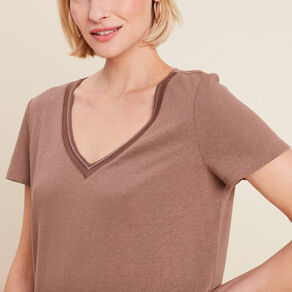 t shirt manches courtes col en v marron cognac femme T-shirt manches courtes col en V marron cognac femme