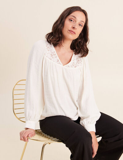 Chemise ample col v manches longues ecru femme