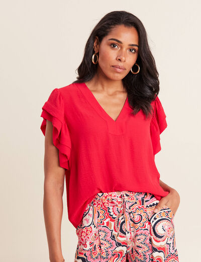 Blouse manches courtes volants rouge femme