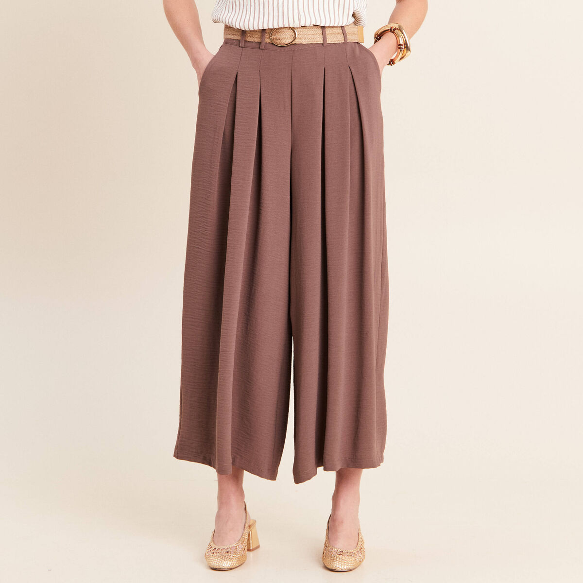 Pantalon jupe-culotte large marron femme