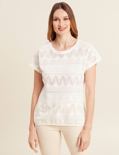 T-shirt manches courtes ajouré ecru femme